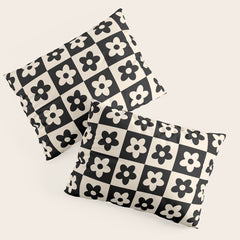 90s flowers checkers cream and black Pillow Sham