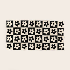 90s flowers checkers cream and black Bath Towel