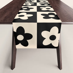 90s flowers checkers cream and black Table Runner