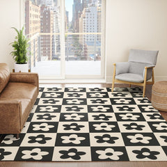 90s flowers checkers cream and black Rug