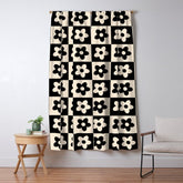 90s flowers checkers cream and black Window Curtain