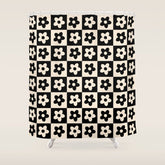 90s flowers checkers cream and black Shower Curtain