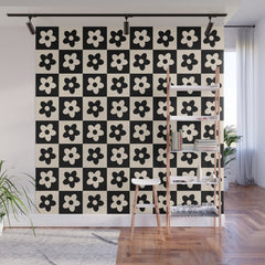 90s flowers checkers cream and black Wall Mural