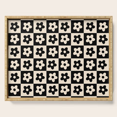 90s flowers checkers cream and black Serving Tray