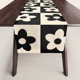 90s flowers checkers cream and black Table Runner