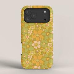 70s groovy retro floral pattern orange brown green handdrawn by surfy birdy iPhone Case