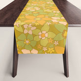 70s groovy retro floral pattern orange brown green handdrawn by surfy birdy Table Runner