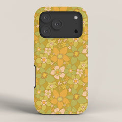 70s groovy retro floral pattern orange brown green handdrawn by surfy birdy iPhone Case
