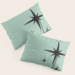 1950s Atomic Age Retro Starbursts in Aqua Mint and Black Pillow Sham