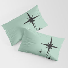 1950s Atomic Age Retro Starbursts in Aqua Mint and Black Pillow Sham