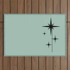 1950s Atomic Age Retro Starbursts in Aqua Mint and Black Outdoor Rug
