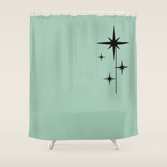 1950s Atomic Age Retro Starbursts in Aqua Mint and Black Shower Curtain