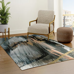 01025: a neutral abstract in gold, black, and white Rug