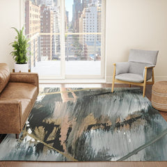01025: a neutral abstract in gold, black, and white Rug