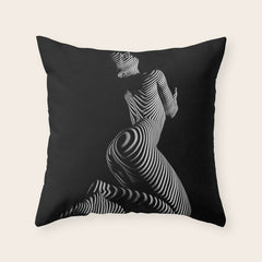 0721s-MM BW Fine Art Nude Tiger Striped Woman on Her Knees Throw Pillow