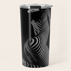 0721s-MM BW Fine Art Nude Tiger Striped Woman on Her Knees Travel Mug
