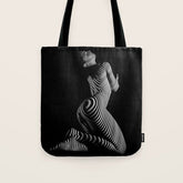 0721s-MM BW Fine Art Nude Tiger Striped Woman on Her Knees Tote Bag