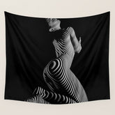 0721s-MM BW Fine Art Nude Tiger Striped Woman on Her Knees Wall Tapestry