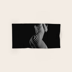 0721s-MM BW Fine Art Nude Tiger Striped Woman on Her Knees Bath Towel