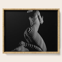 0721s-MM BW Fine Art Nude Tiger Striped Woman on Her Knees Serving Tray