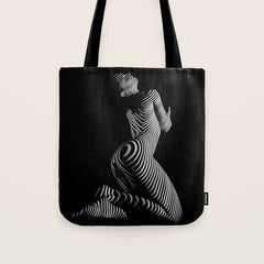 0721s-MM BW Fine Art Nude Tiger Striped Woman on Her Knees Tote Bag