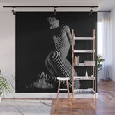 0721s-MM BW Fine Art Nude Tiger Striped Woman on Her Knees Wall Mural