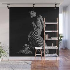 0721s-MM BW Fine Art Nude Tiger Striped Woman on Her Knees Wall Mural