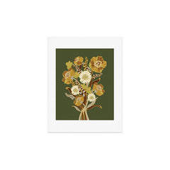 70s, flowers, green, retro, vintage, floral bouquet, olive green Art Print