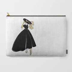 1950's Inspired Fashion Illustration Black & White with Gold Carry All Pouch
