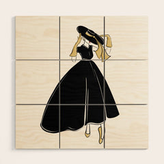 1950's Inspired Fashion Illustration Black & White with Gold Wood Wall Art