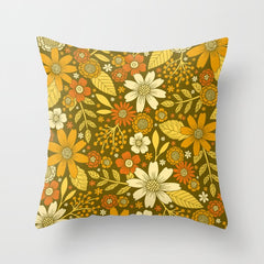 1970s Retro Flowers Pattern in Yellow, Orange & Olive Green Throw Pillow