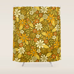 1970s Retro Flowers Pattern in Yellow, Orange & Olive Green Shower Curtain