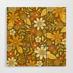 1970s Retro Flowers Pattern in Yellow, Orange & Olive Green Wood Wall Art