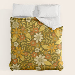 1970s Retro Flowers Pattern in Yellow, Orange & Olive Green Comforter