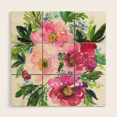 5 pink peonies in watercolor Wood Wall Art