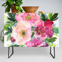 5 pink peonies in watercolor Credenza