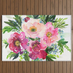 5 pink peonies in watercolor Outdoor Rug