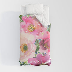 5 pink peonies in watercolor Duvet Cover