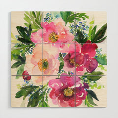 5 pink peonies in watercolor Wood Wall Art
