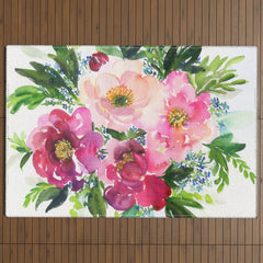 5 pink peonies in watercolor Outdoor Rug
