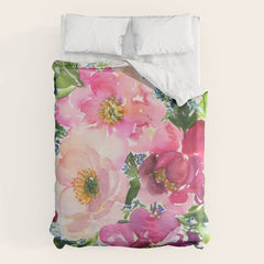 5 pink peonies in watercolor Duvet Cover