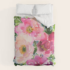 5 pink peonies in watercolor Comforter