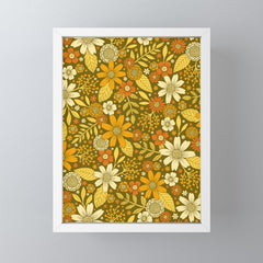 1970s Retro Flowers Pattern in Yellow, Orange & Olive Green Mini Art Print