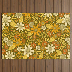 1970s Retro Flowers Pattern in Yellow, Orange & Olive Green Outdoor Rug