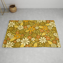 1970s Retro Flowers Pattern in Yellow, Orange & Olive Green Rug