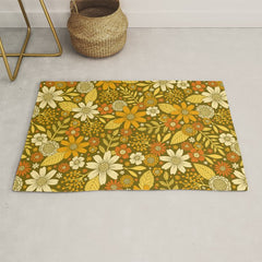 1970s Retro Flowers Pattern in Yellow, Orange & Olive Green Rug