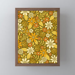 1970s Retro Flowers Pattern in Yellow, Orange & Olive Green Mini Art Print