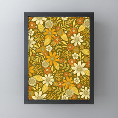 1970s Retro Flowers Pattern in Yellow, Orange & Olive Green Mini Art Print