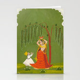 A female attendant is standing in tribhanga pose under a tree. A small child vies for her attention. Stationery Card