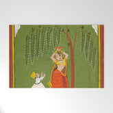 A female attendant is standing in tribhanga pose under a tree. A small child vies for her attention. Welcome Mat